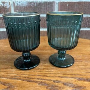 Vintage Teal Green Wine Goblet Glasses Bar Glasses Ribbed Gold Trim Set of 2
